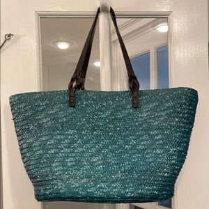Teal Woven Tote Bag with Brown Handles